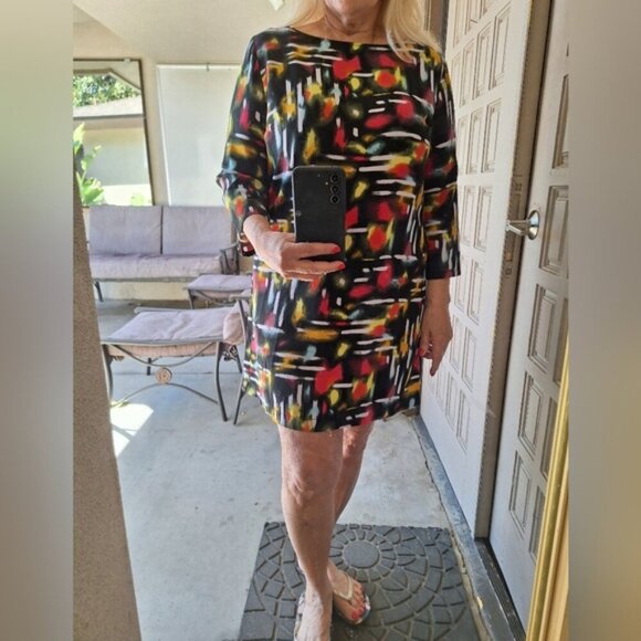 Tildon Dress Multi Color  Deep Slit Back SzL Junior Long Sleeves Round Cute Dres - Picture 1 of 16